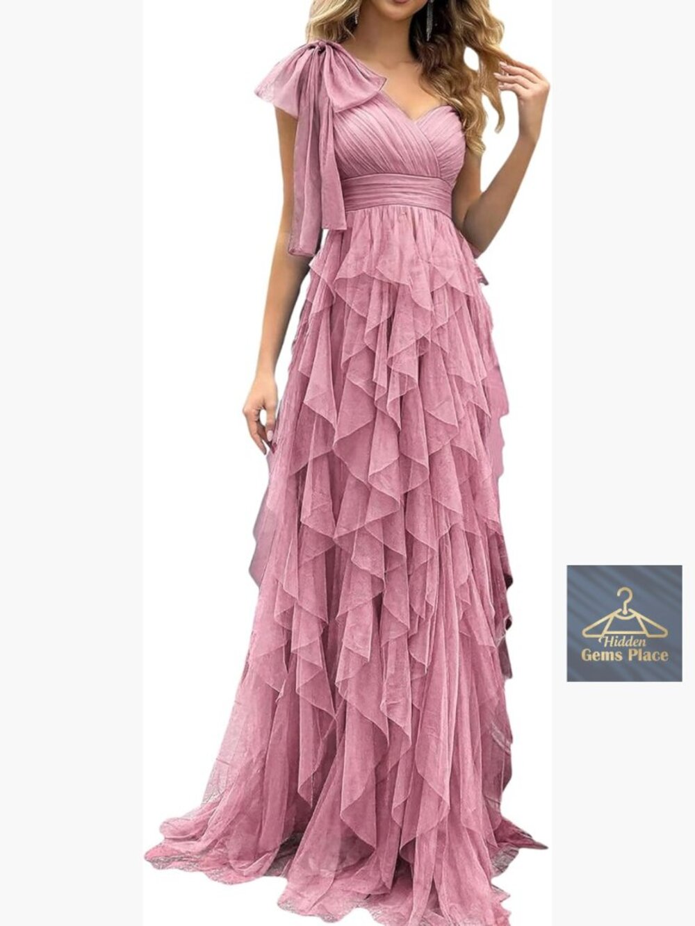 Elegant One Shoulder Tulle Prom Dress with Slit and Bow Maxi Gown
